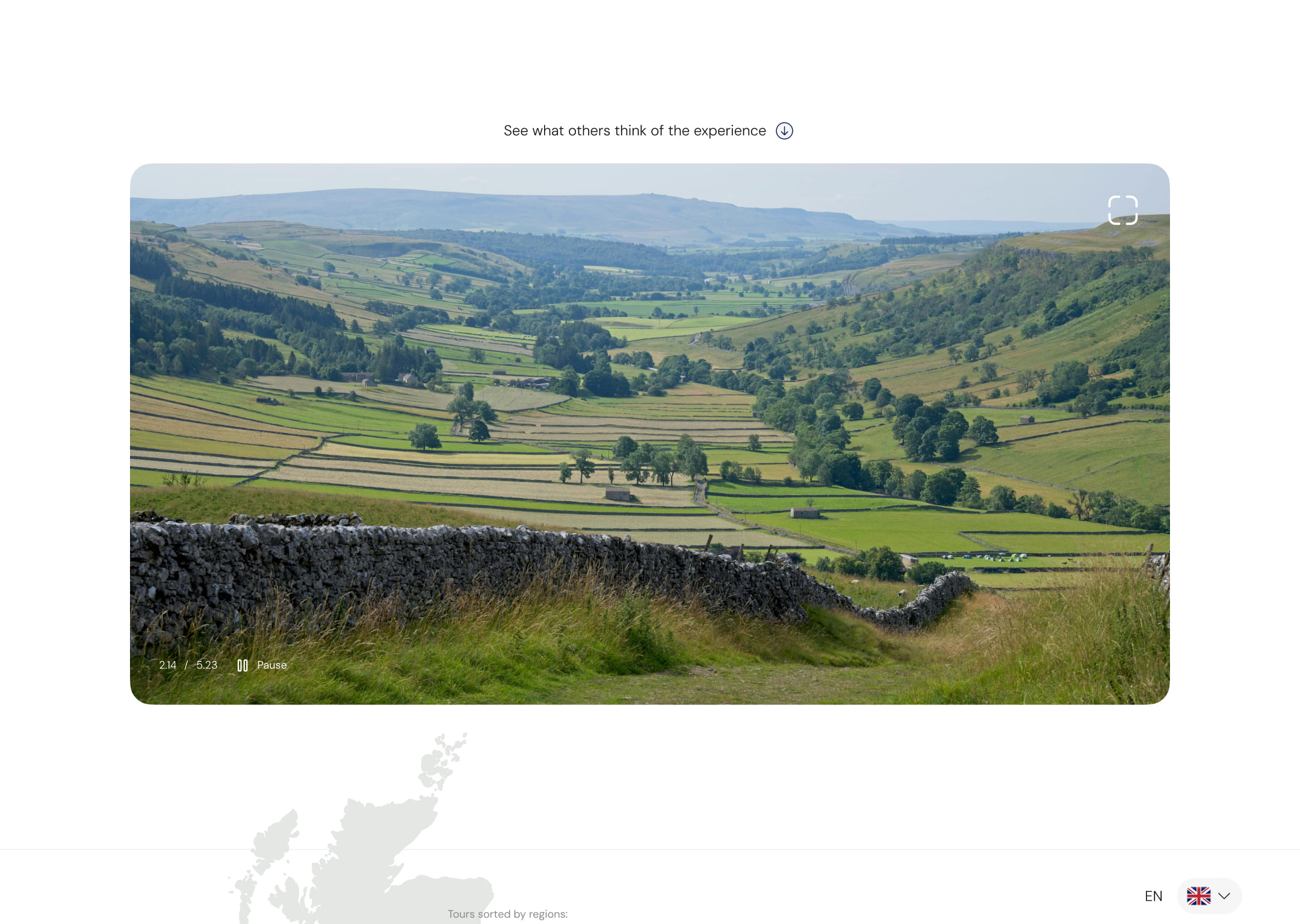 Homepage of a tour service site featuring hiking trails in England - video presentation section. The video is being played.